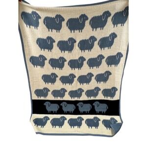 Vintage Vukovar Acrylic Wool Blend Blanket Cream Blue Sheep Made in Yugoslavia